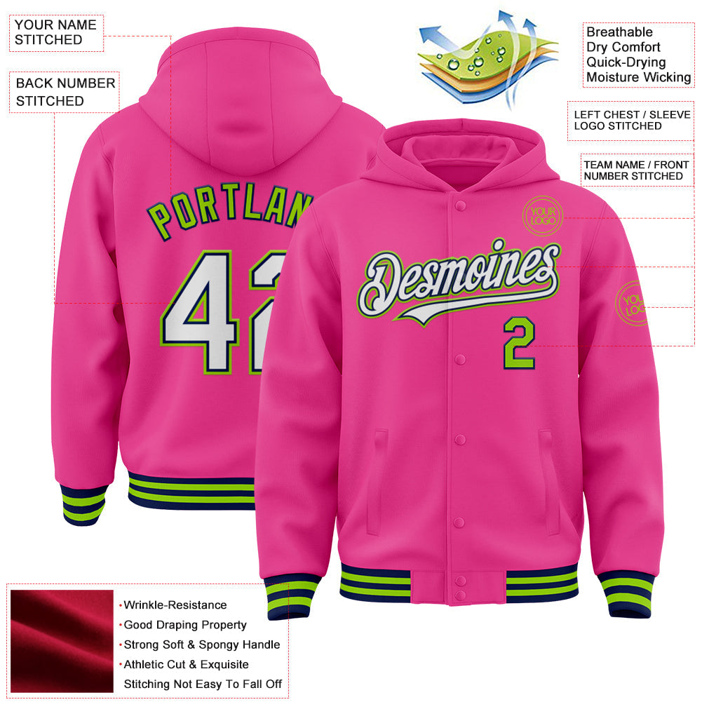 Custom Pink Navy-Neon Green Bomber Full-Snap Varsity Letterman Hoodie Jacket view 3