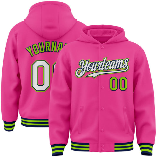 Custom Pink Navy-Neon Green Bomber Full-Snap Varsity Letterman Hoodie Jacket - Main View