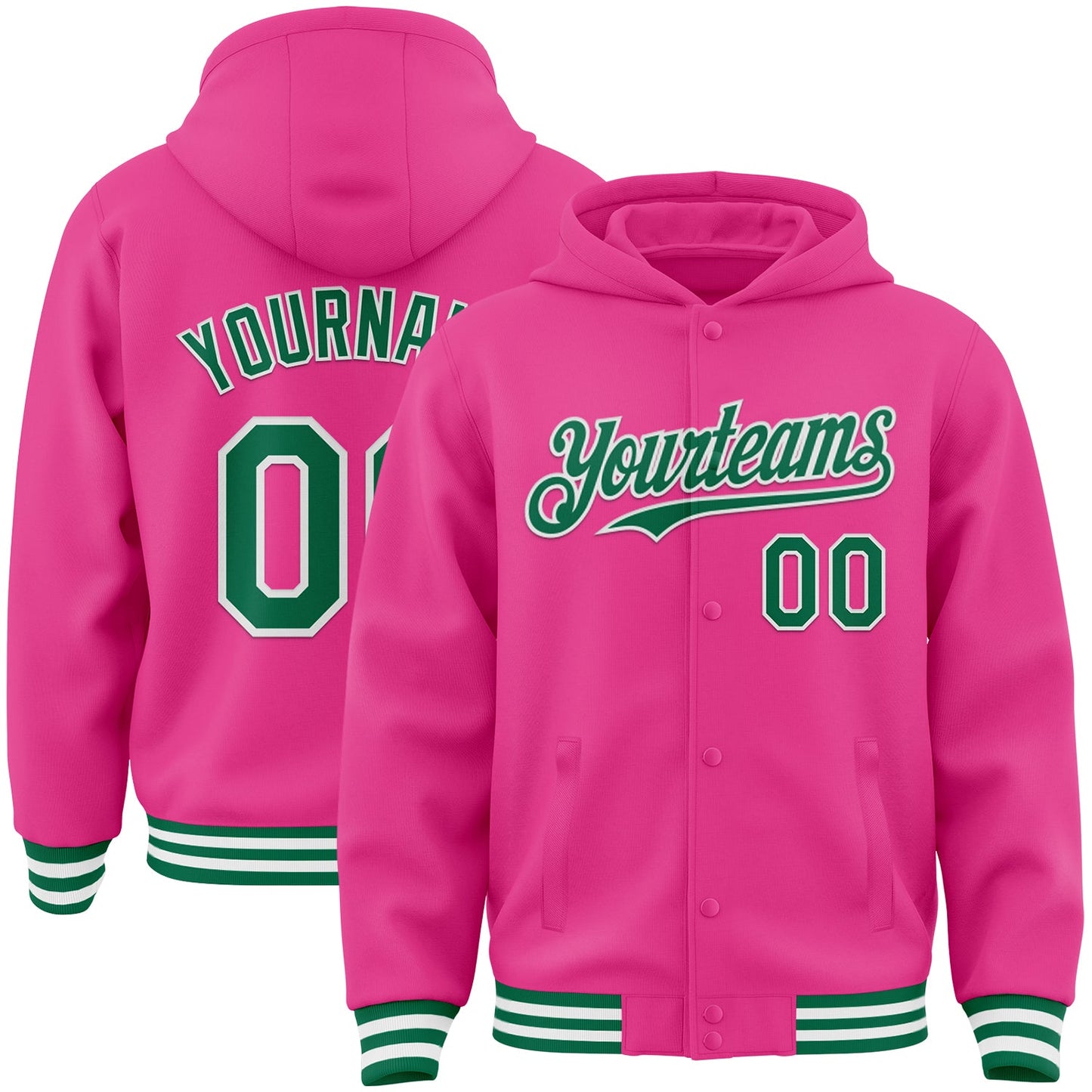 Custom Pink Kelly Green-White Bomber Full-Snap Varsity Letterman Hoodie Jacket - Main View