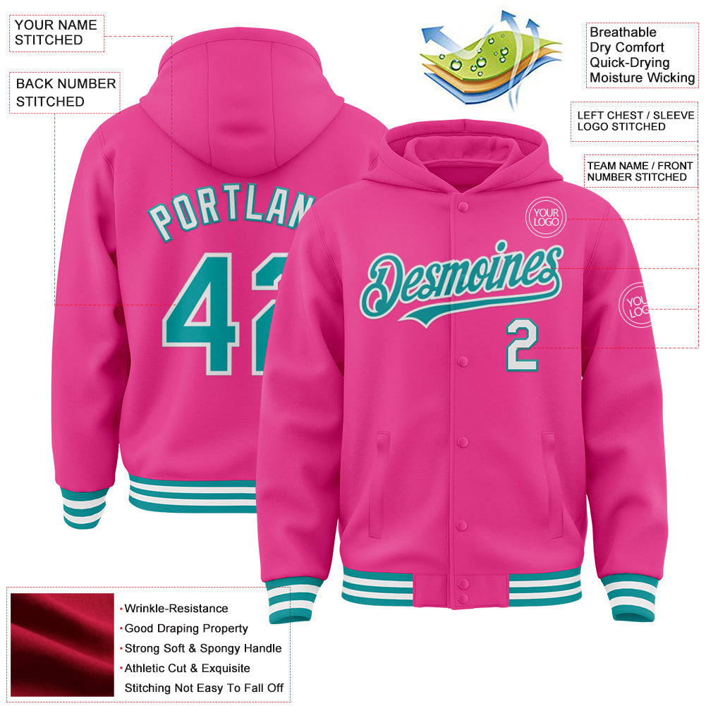 Custom Pink Teal-White Bomber Full-Snap Varsity Letterman Hoodie Jacket view 3