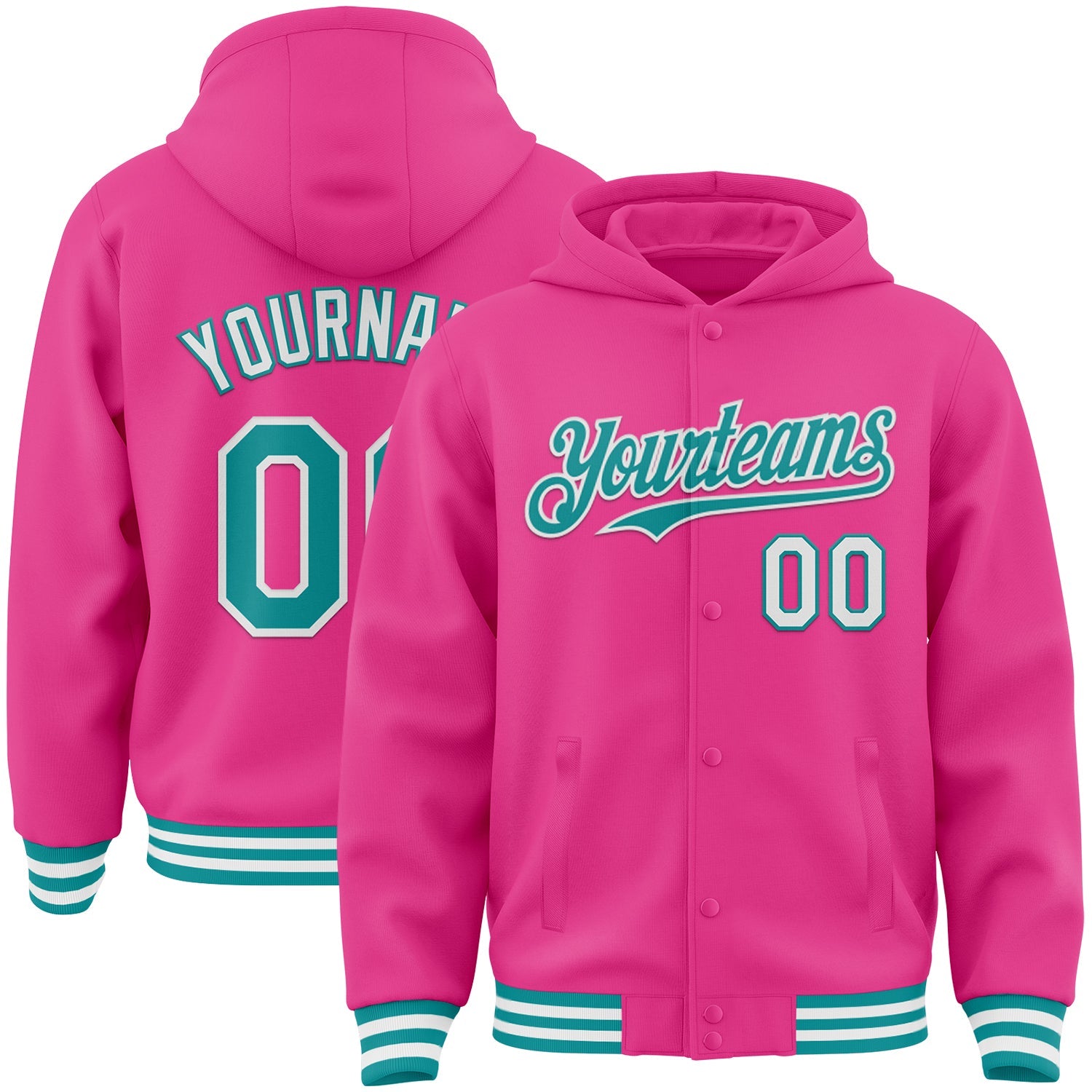Custom Pink Teal-White Bomber Full-Snap Varsity Letterman Hoodie Jacket - Main View