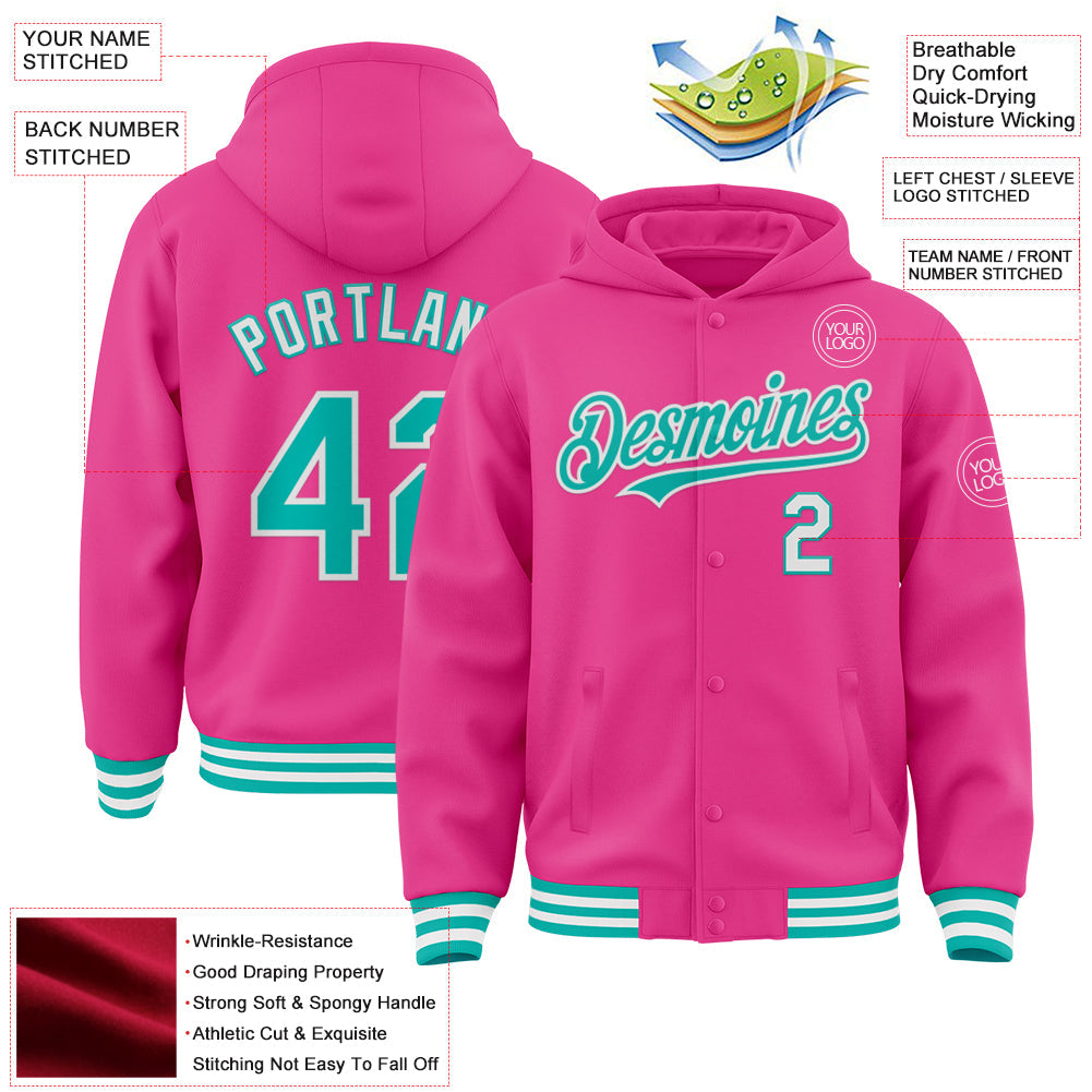 Custom Pink Aqua-White Bomber Full-Snap Varsity Letterman Hoodie Jacket view 3