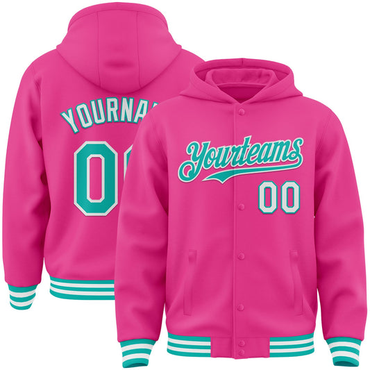 Custom Pink Aqua-White Bomber Full-Snap Varsity Letterman Hoodie Jacket - Main View