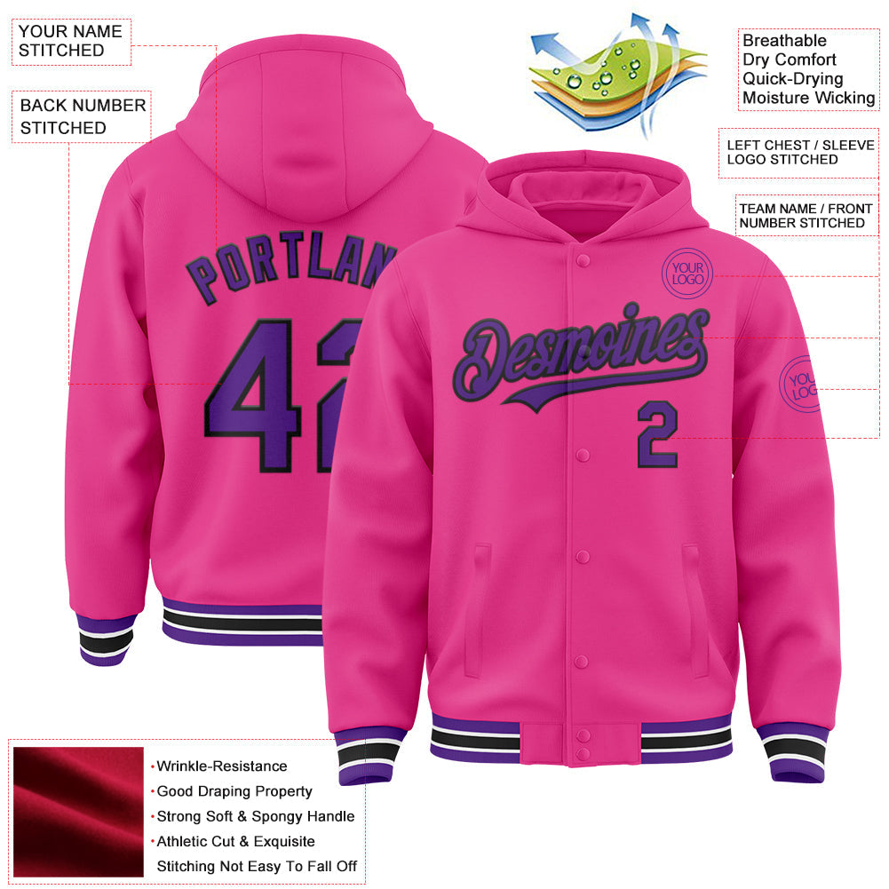 Custom Pink Purple-Black Bomber Full-Snap Varsity Letterman Hoodie Jacket view 3