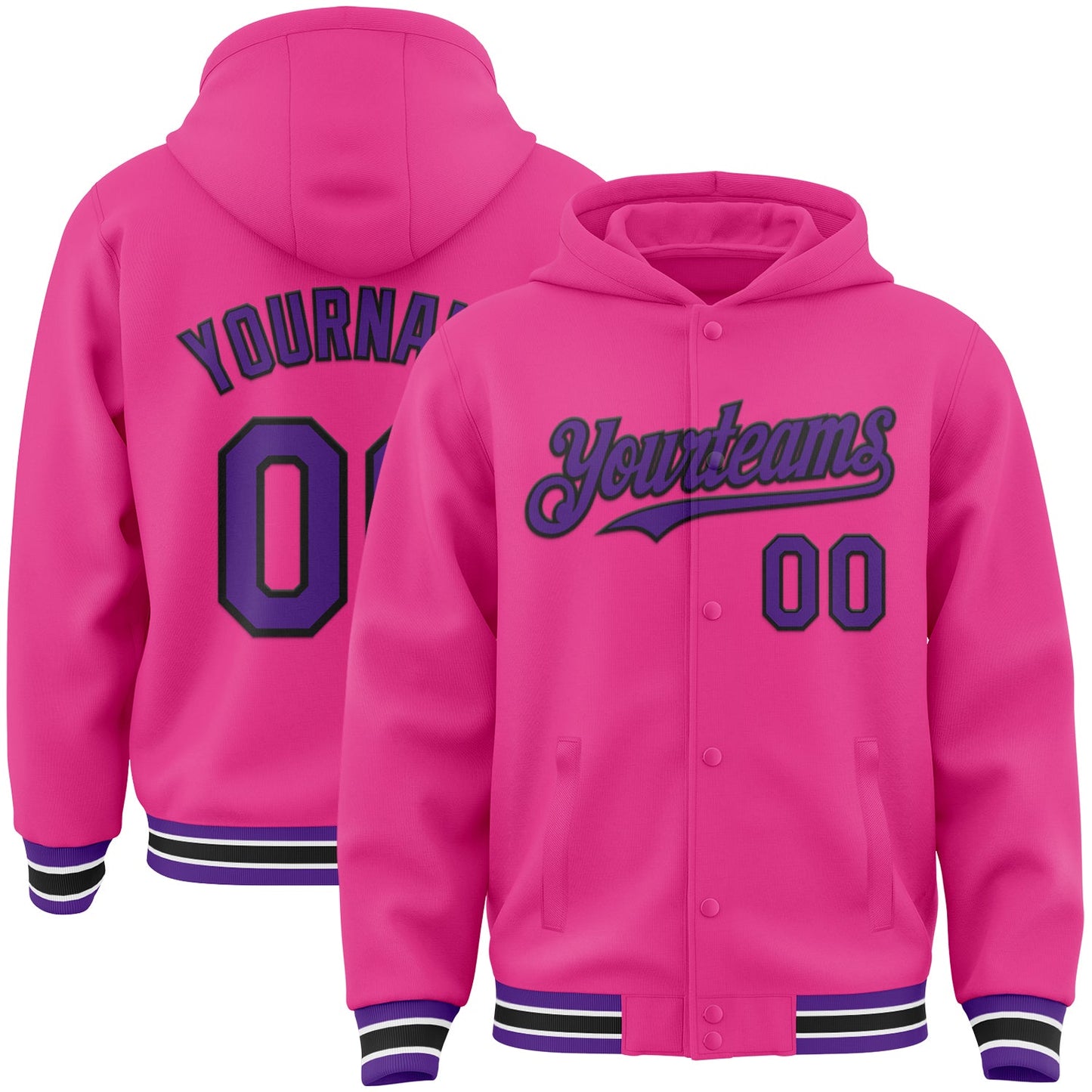 Custom Pink Purple-Black Bomber Full-Snap Varsity Letterman Hoodie Jacket - Main View
