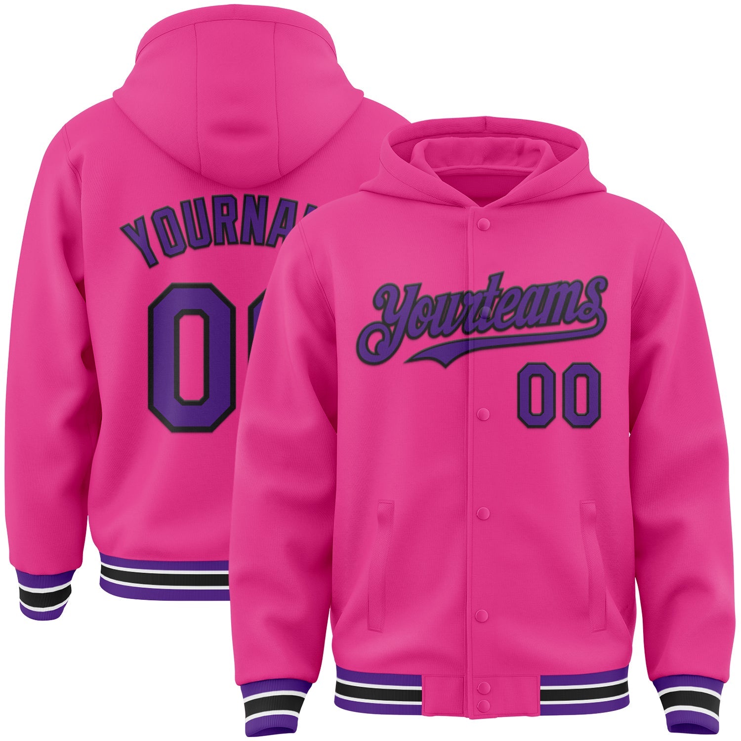 Custom Pink Purple-Black Bomber Full-Snap Varsity Letterman Hoodie Jacket - Main View
