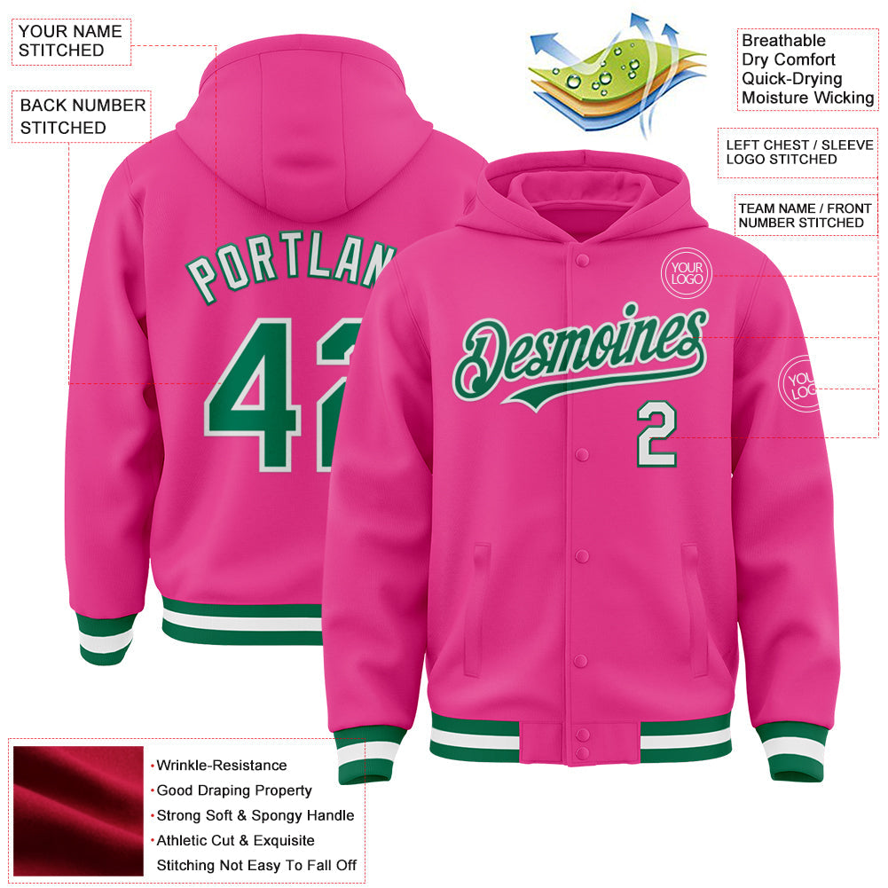 Custom Pink Kelly Green-White Bomber Full-Snap Varsity Letterman Hoodie Jacket view 3