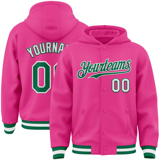 Custom Pink Kelly Green-White Bomber Full-Snap Varsity Letterman Hoodie Jacket - Main View