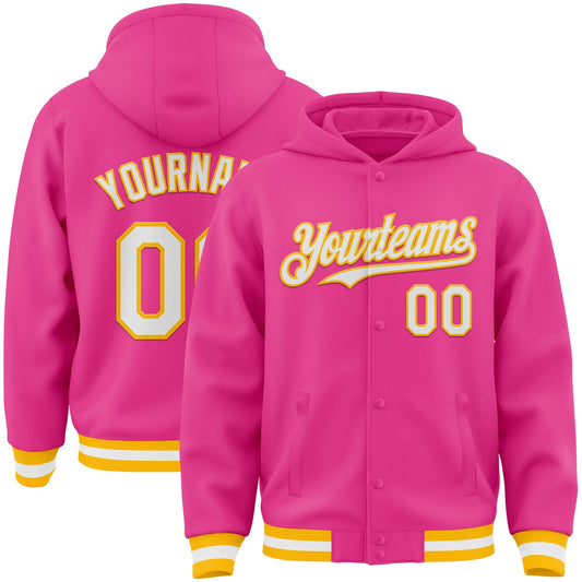 Custom Pink White-Gold Bomber Full-Snap Varsity Letterman Hoodie Jacket - Main View