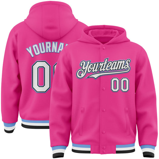 Custom Pink Black-Light Blue Bomber Full-Snap Varsity Letterman Hoodie Jacket - Main View