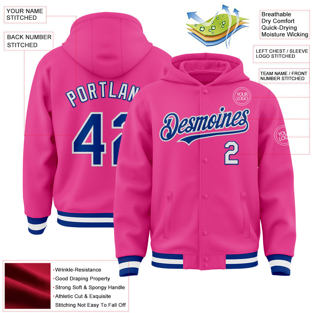 Custom Pink Royal-White Bomber Full-Snap Varsity Letterman Hoodie Jacket view 3