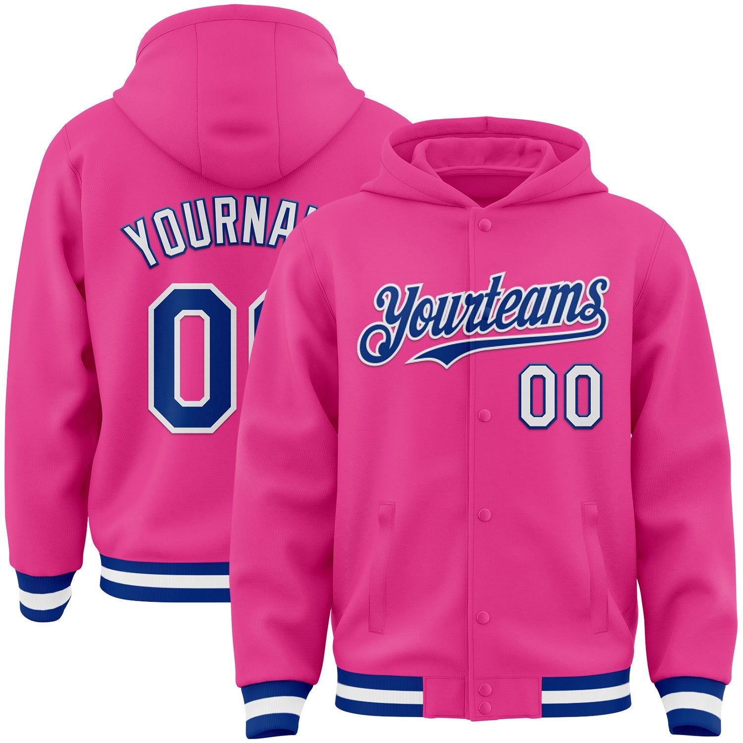 Custom Pink Royal-White Bomber Full-Snap Varsity Letterman Hoodie Jacket - Main View