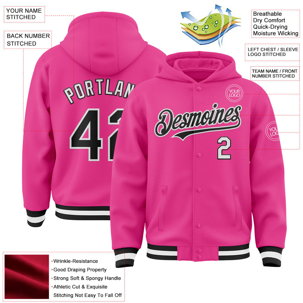 Custom Pink Black-White Bomber Full-Snap Varsity Letterman Hoodie Jacket view 3