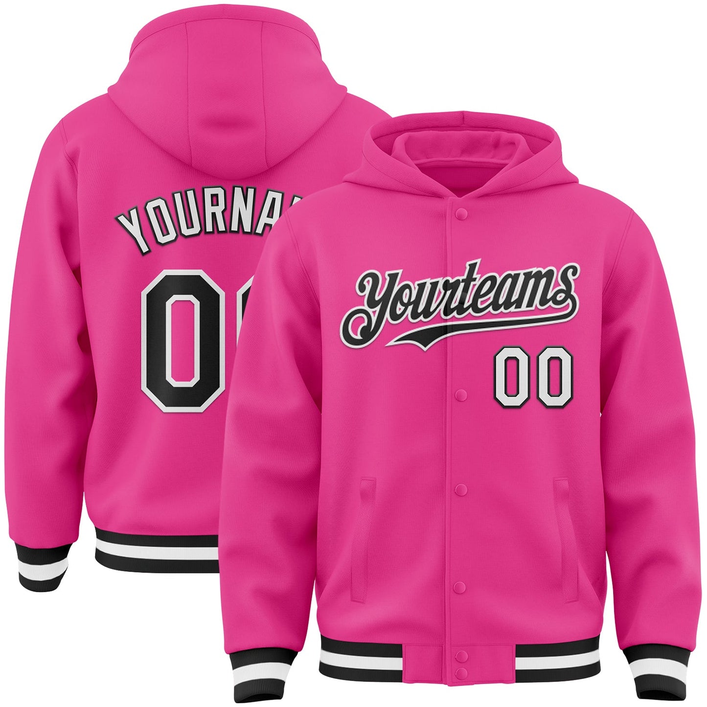 Custom Pink Black-White Bomber Full-Snap Varsity Letterman Hoodie Jacket - Main View