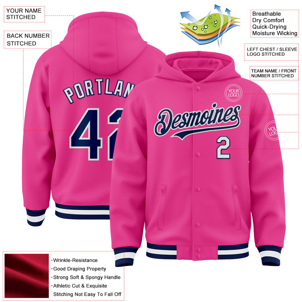 Custom Pink Navy-White Bomber Full-Snap Varsity Letterman Hoodie Jacket view 3