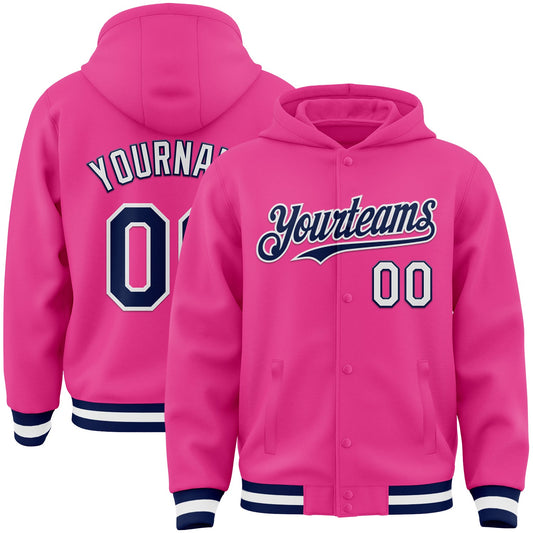 Custom Pink Navy-White Bomber Full-Snap Varsity Letterman Hoodie Jacket - Main View