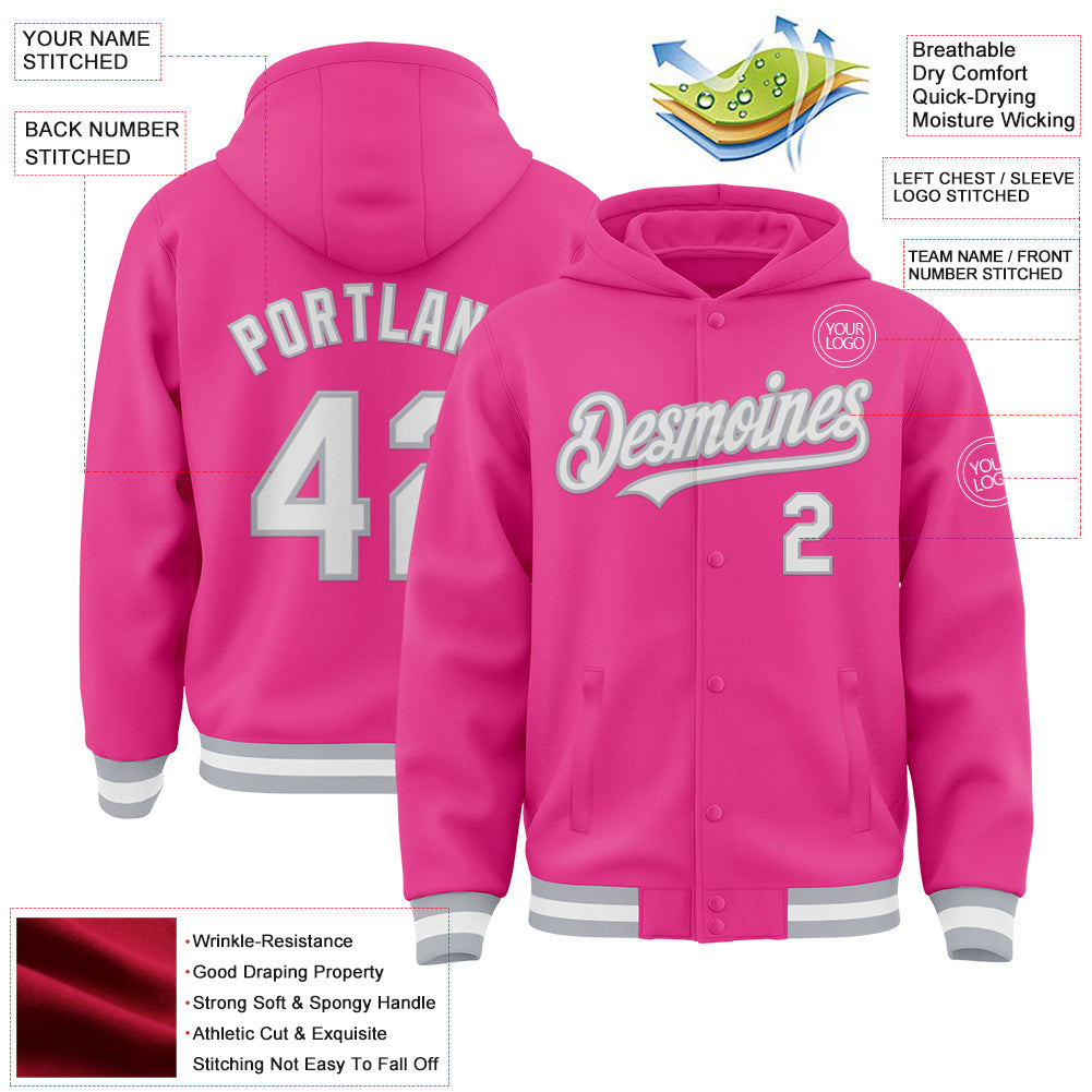 Custom Pink White-Gray Bomber Full-Snap Varsity Letterman Hoodie Jacket view 3