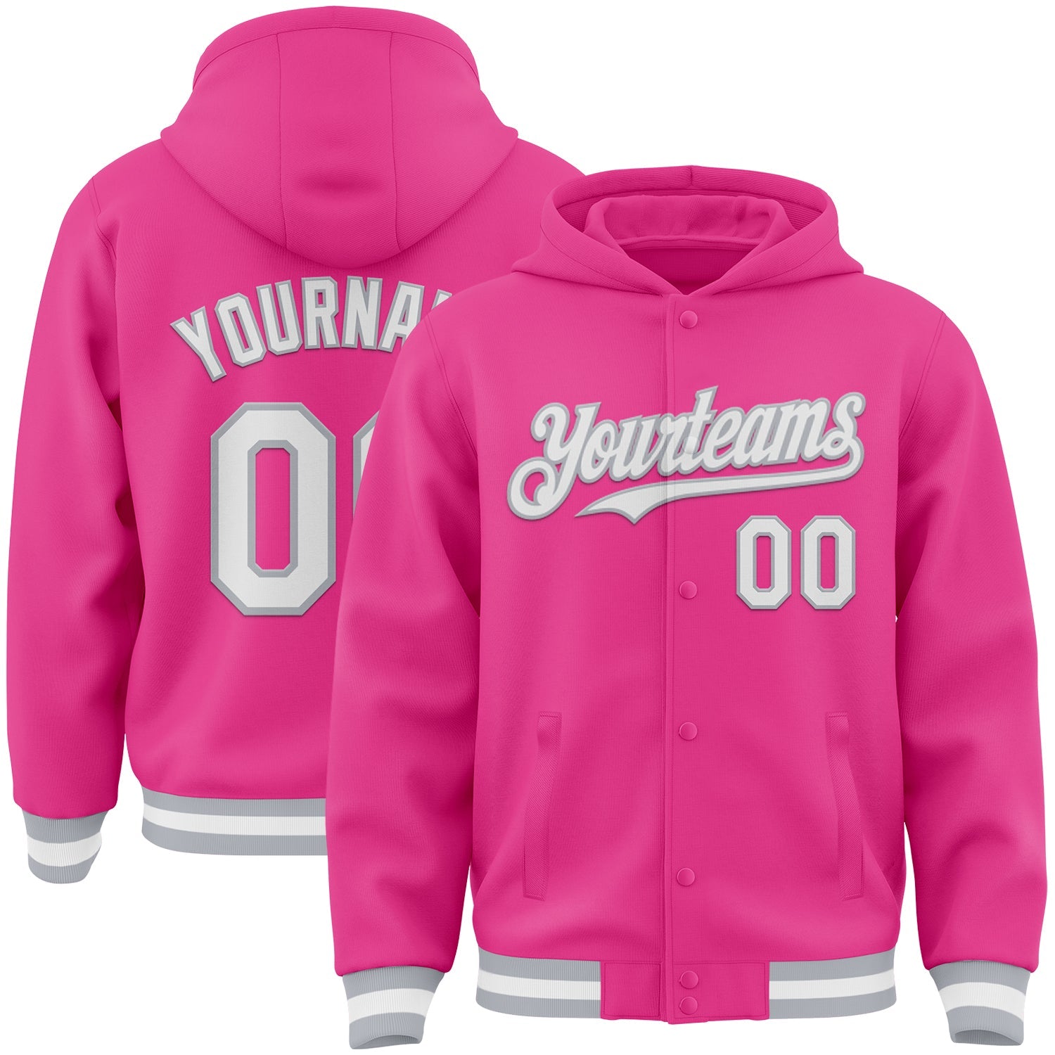 Custom Pink White-Gray Bomber Full-Snap Varsity Letterman Hoodie Jacket - Main View