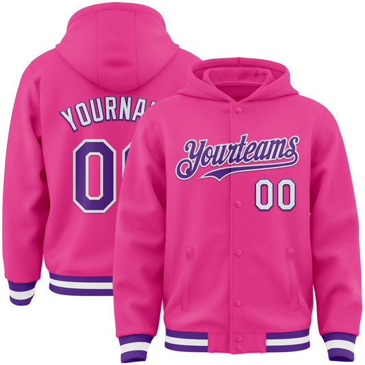 Custom Pink Purple-White Bomber Full-Snap Varsity Letterman Hoodie Jacket - Main View