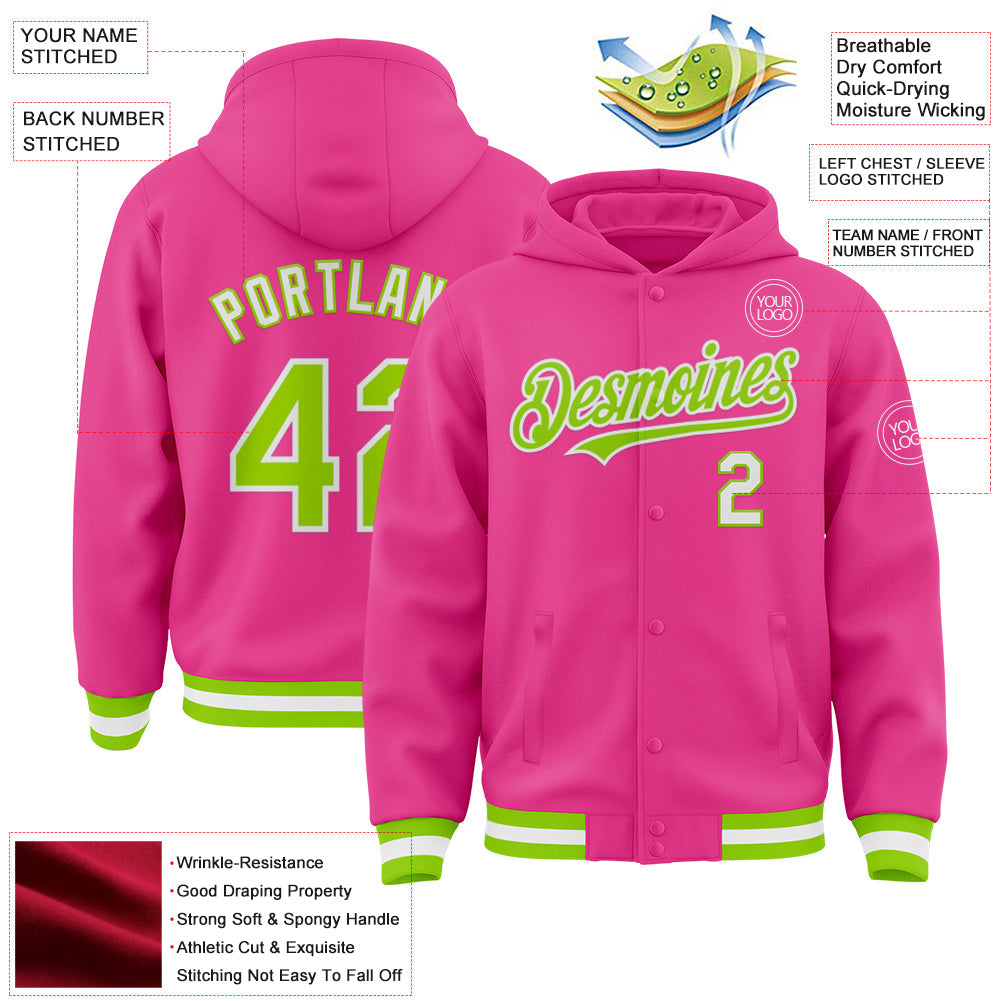 Custom Pink Neon Green-White Bomber Full-Snap Varsity Letterman Hoodie Jacket view 3