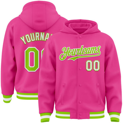 Custom Pink Neon Green-White Bomber Full-Snap Varsity Letterman Hoodie Jacket - Main View