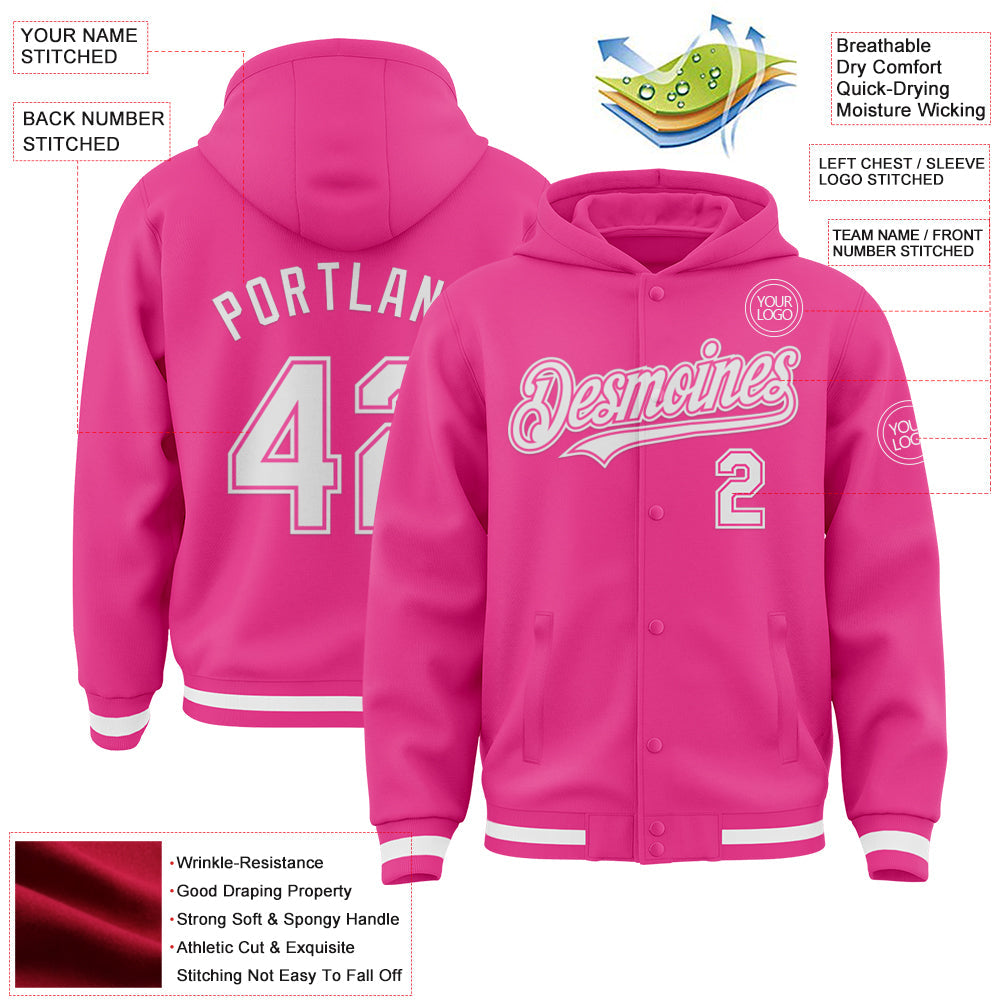 Custom Pink White Bomber Full-Snap Varsity Letterman Hoodie Jacket view 3