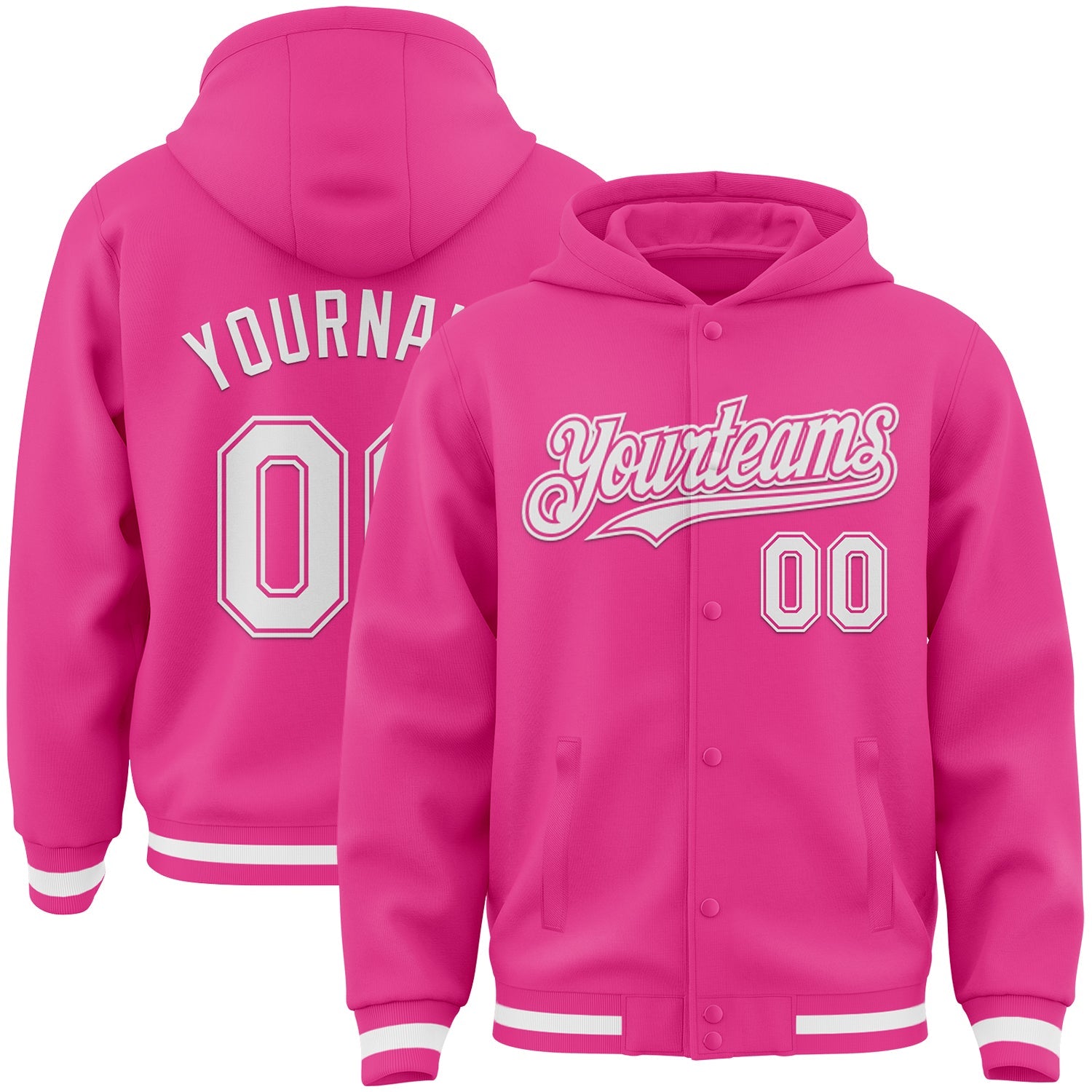 Custom Pink White Bomber Full-Snap Varsity Letterman Hoodie Jacket - Main View