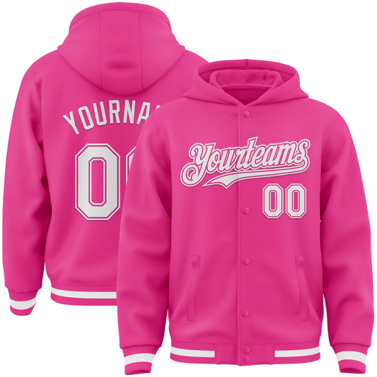 Custom Pink White Bomber Full-Snap Varsity Letterman Hoodie Jacket - Main View