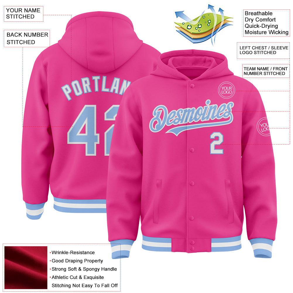 Custom Pink Light Blue-White Bomber Full-Snap Varsity Letterman Hoodie Jacket view 3