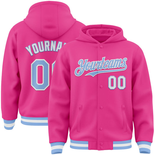 Custom Pink Light Blue-White Bomber Full-Snap Varsity Letterman Hoodie Jacket - Main View