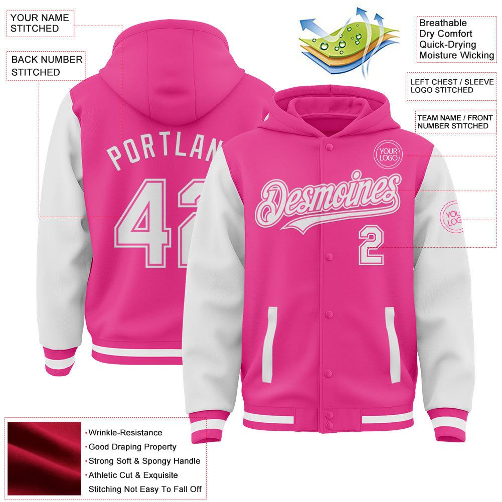 Custom Pink White Bomber Full-Snap Varsity Letterman Two Tone Hoodie Jacket view 3