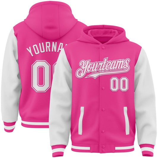 Custom Pink White Bomber Full-Snap Varsity Letterman Two Tone Hoodie Jacket - Main View