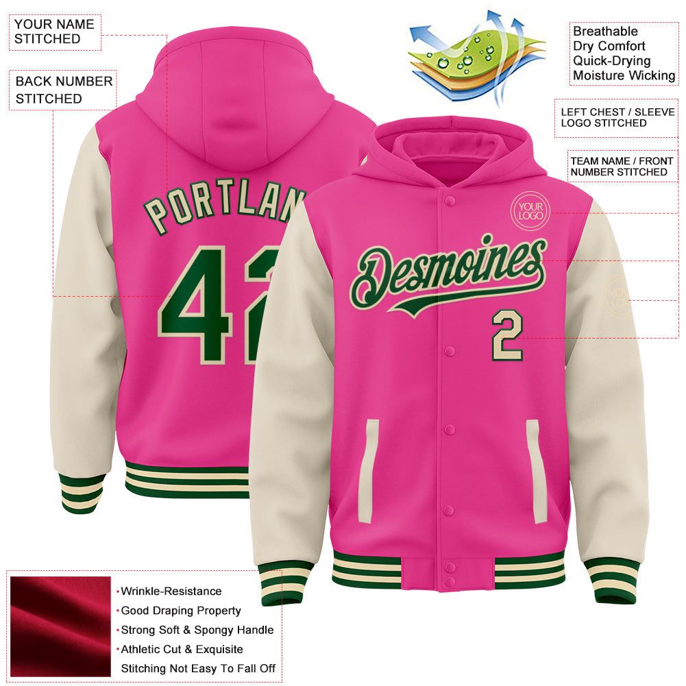 Custom Pink Green-Cream Bomber Full-Snap Varsity Letterman Two Tone Hoodie Jacket view 3