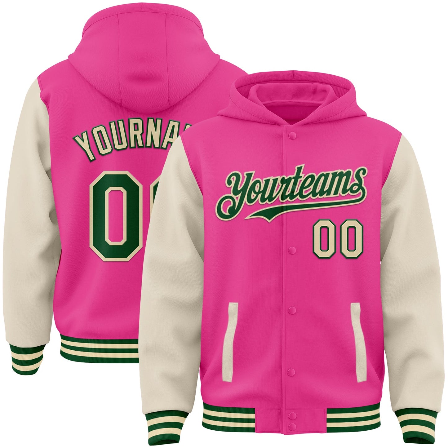 Custom Pink Green-Cream Bomber Full-Snap Varsity Letterman Two Tone Hoodie Jacket - Main View