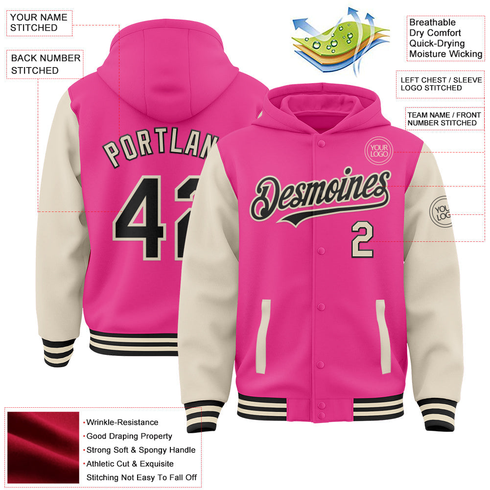 Custom Pink Black-Cream Bomber Full-Snap Varsity Letterman Two Tone Hoodie Jacket view 3