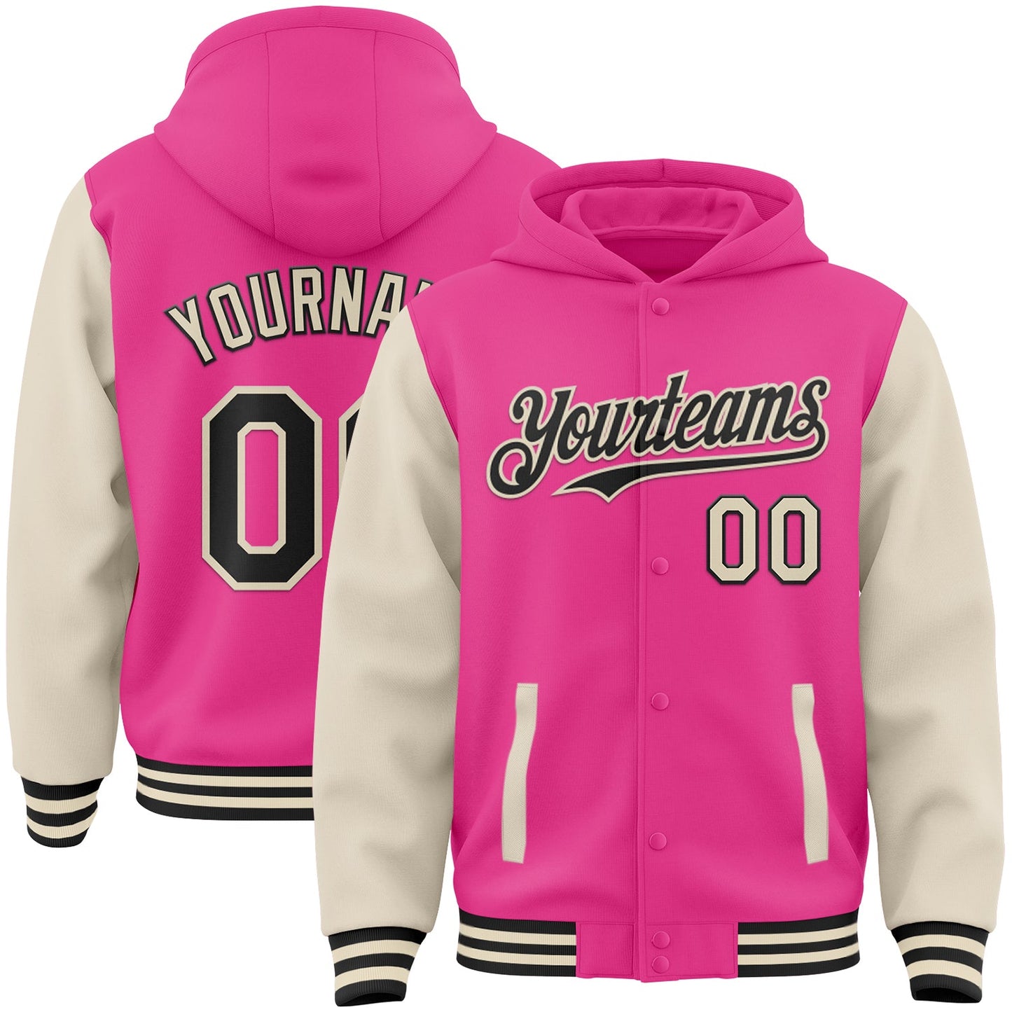 Custom Pink Black-Cream Bomber Full-Snap Varsity Letterman Two Tone Hoodie Jacket - Main View
