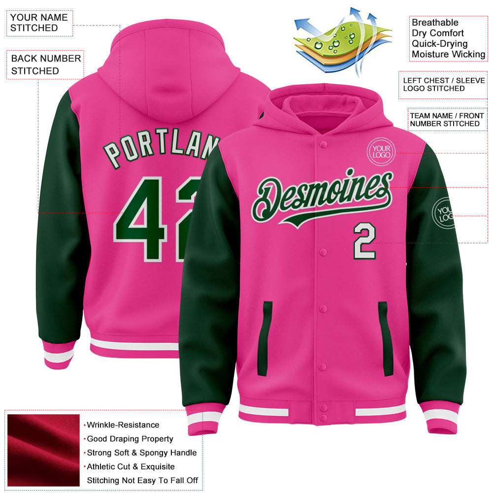 Custom Pink Green-White Bomber Full-Snap Varsity Letterman Two Tone Hoodie Jacket view 3