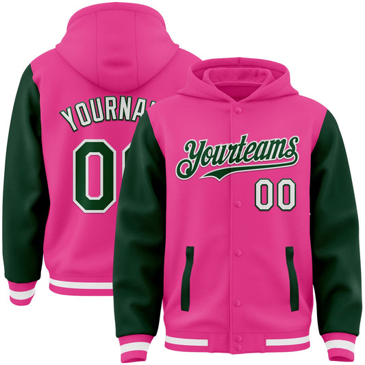 Custom Pink Green-White Bomber Full-Snap Varsity Letterman Two Tone Hoodie Jacket - Main View