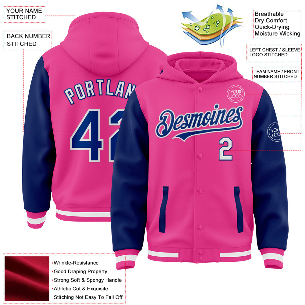 Custom Pink Royal-White Bomber Full-Snap Varsity Letterman Two Tone Hoodie Jacket view 3