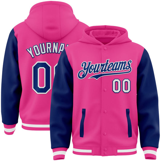 Custom Pink Royal-White Bomber Full-Snap Varsity Letterman Two Tone Hoodie Jacket - Main View