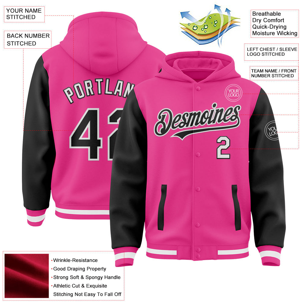 Custom Pink Black-White Bomber Full-Snap Varsity Letterman Two Tone Hoodie Jacket view 3