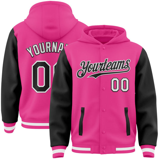Custom Pink Black-White Bomber Full-Snap Varsity Letterman Two Tone Hoodie Jacket - Main View