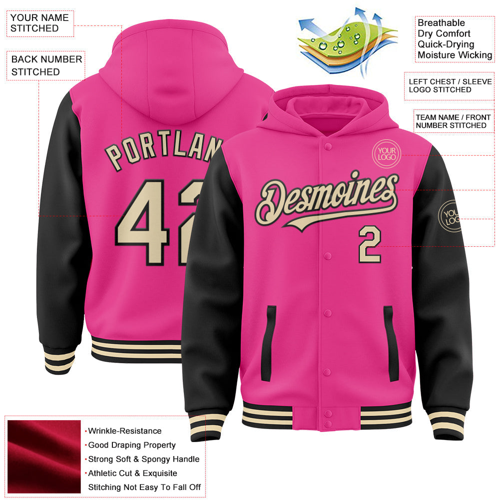 Custom Pink Cream-Black Bomber Full-Snap Varsity Letterman Two Tone Hoodie Jacket view 3