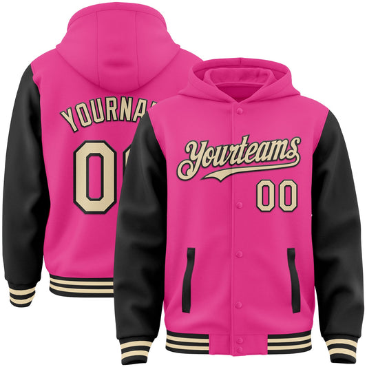 Custom Pink Cream-Black Bomber Full-Snap Varsity Letterman Two Tone Hoodie Jacket - Main View