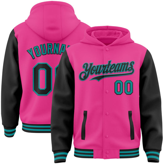 Custom Pink Black-Teal Bomber Full-Snap Varsity Letterman Two Tone Hoodie Jacket - Main View