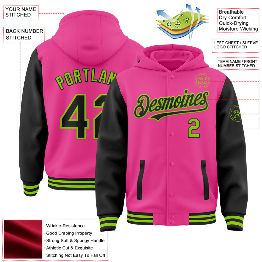 Custom Pink Black-Neon Green Bomber Full-Snap Varsity Letterman Two Tone Hoodie Jacket view 3