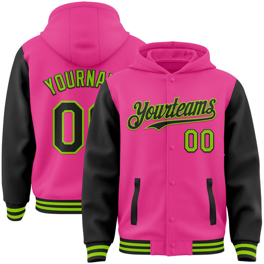 Custom Pink Black-Neon Green Bomber Full-Snap Varsity Letterman Two Tone Hoodie Jacket - Main View