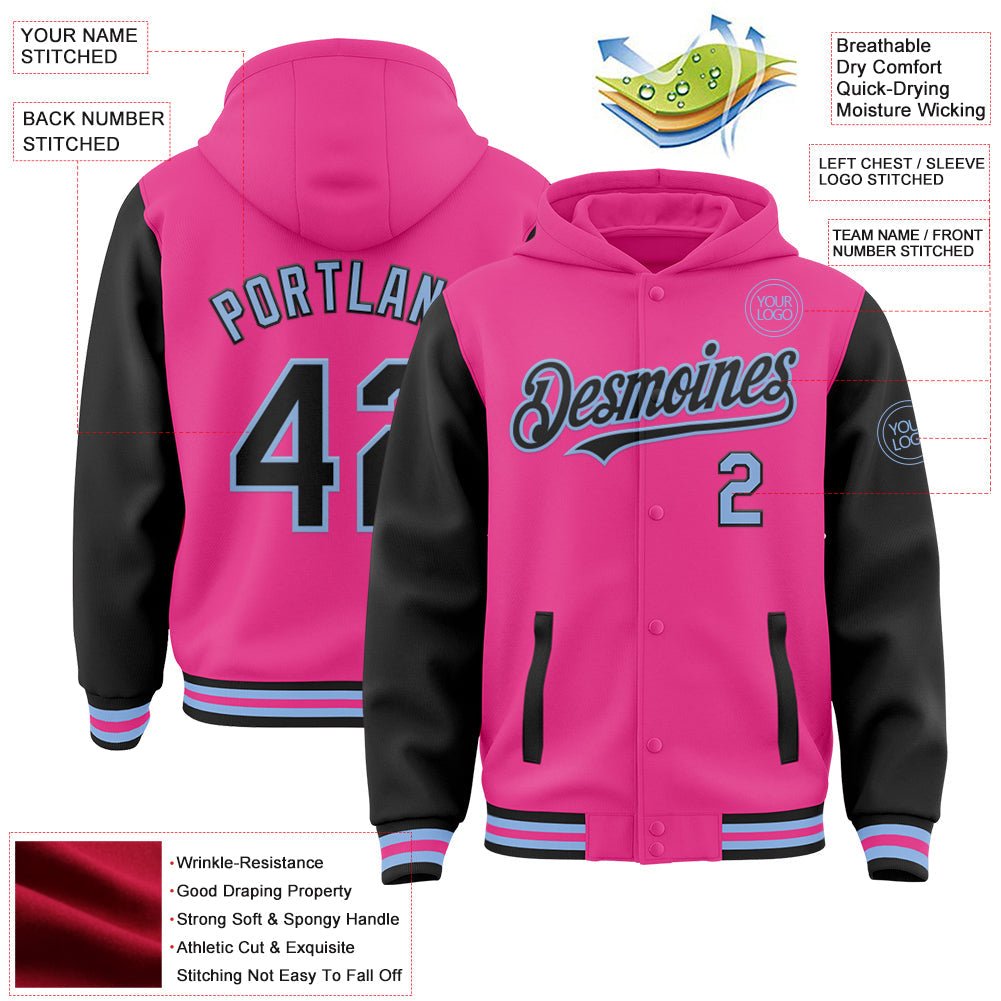 Custom Pink Black-Light Blue Bomber Full-Snap Varsity Letterman Two Tone Hoodie Jacket view 3