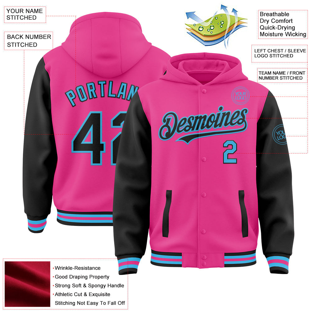 Custom Pink Black-Sky Blue Bomber Full-Snap Varsity Letterman Two Tone Hoodie Jacket view 3