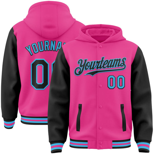 Custom Pink Black-Sky Blue Bomber Full-Snap Varsity Letterman Two Tone Hoodie Jacket - Main View
